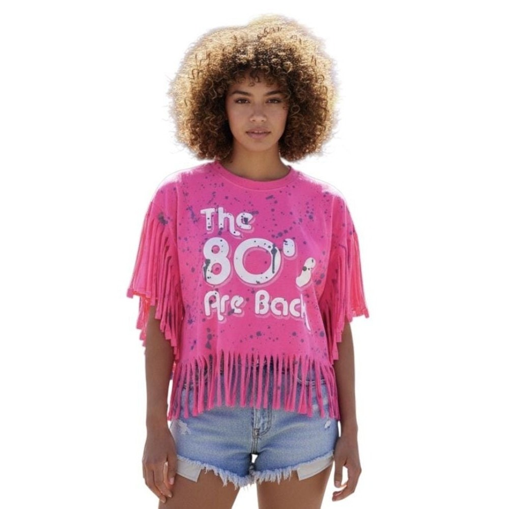 Neon Pink CROPPED FRINGE T-SHIRT The 80's Are Back Paint Splatter Top Graffiti M